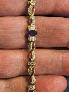 Rose Gold Over Sterling Silver Tennis Bracelet W/ Amethyst and Diamond Signed
